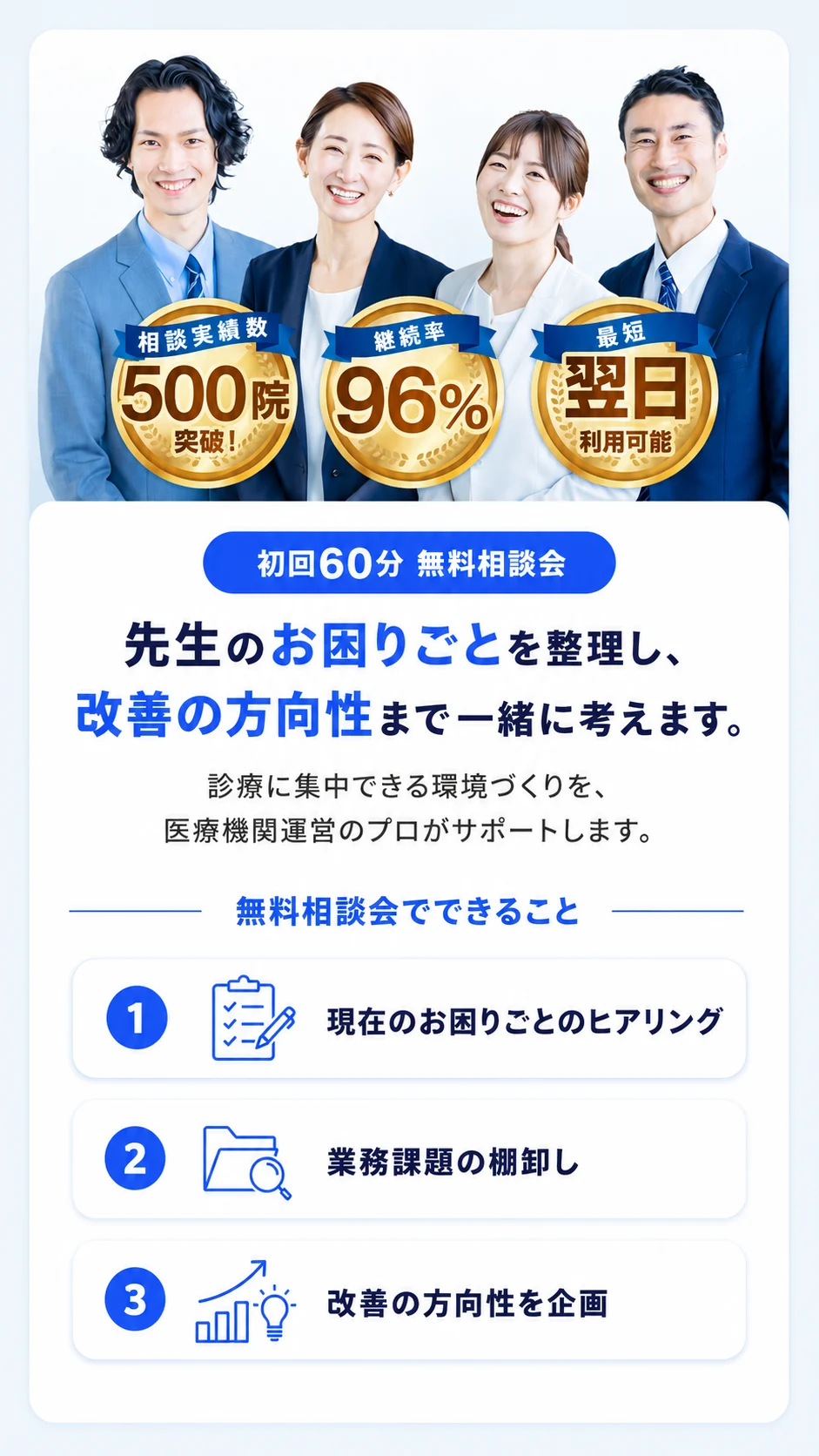 初回60分 無料相談会｜先生のお困りごとを整理し、改善の方向性まで一緒に考えます。相談実績500院突破・継続率96%・最短翌日利用可能